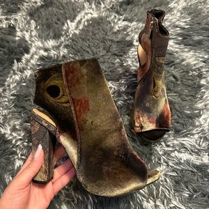 Green Floral Velour Open Toe Booties